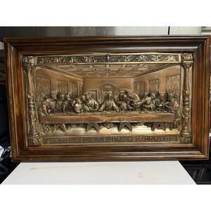 Vintage Last Supper Metal Wall Art Framed Religious Decor Latin Inscription